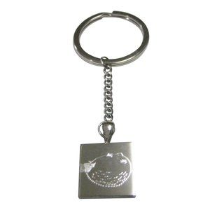 Silver Toned Square Etched Blowfish Fugu Puffer Fish Pendant Keychain